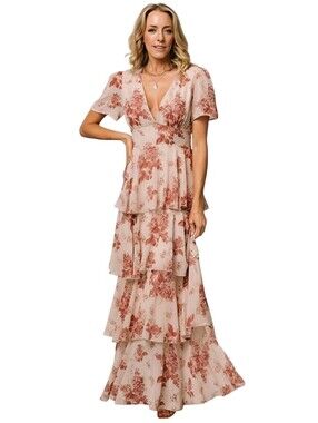Baltic Born Montaigne Tiered Ruffle Rose Floral Maxi Dress - Size Small Womens